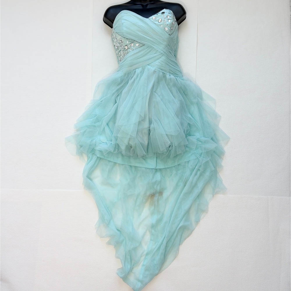 Roberta Vintage High Low Tulle Rhinestone Formal Dress Aqua Blue Fairy Princess